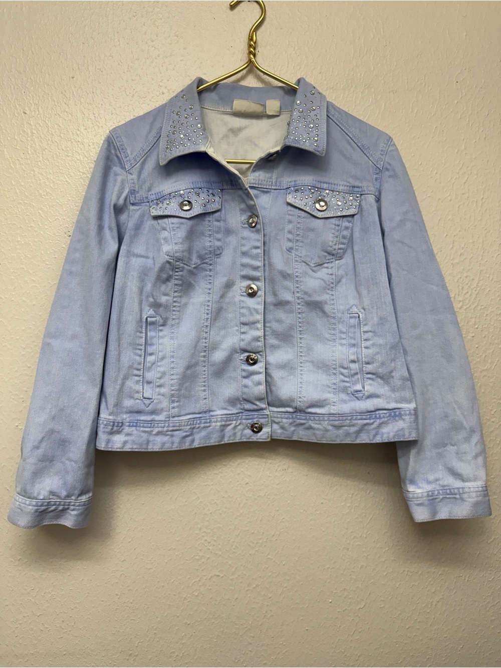 Chico’s Women's Light Blue Denim Jacket with Embellished Collar Size 1